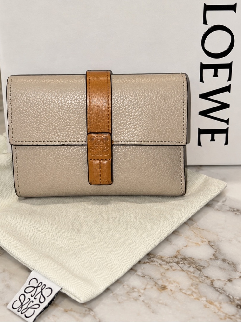 Loewe Pebbled Beige Leather Wallet with Tan Strap